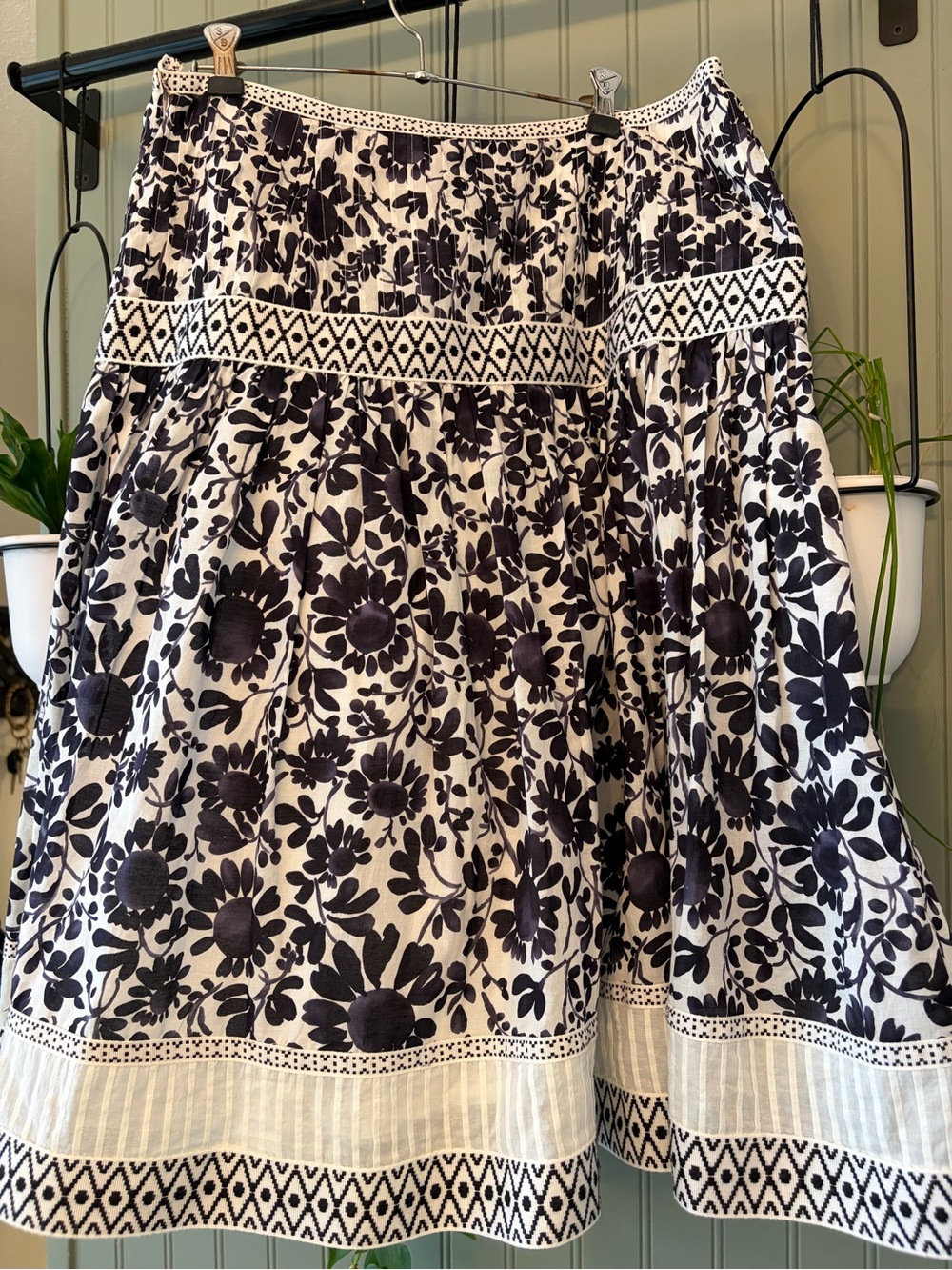Talbots Floral A-Line Skirt- trimmed in ribbon - all cotton midi length - size12